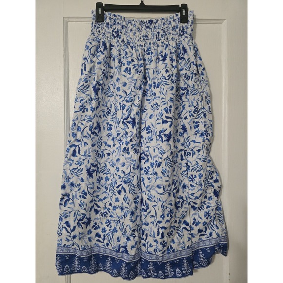 Joie Skirt White Blue Floral 100% Linen Midi Elastic Waist Pockets XL - Picture 2 of 4